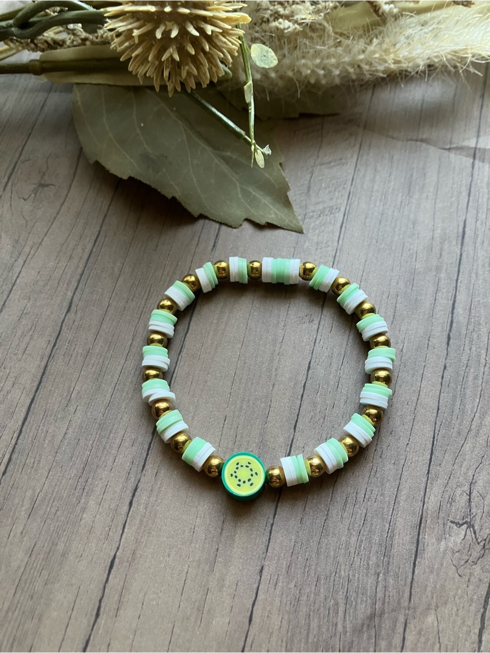 Lime Green & White Beaded Stretch Bracelet with Gold Accents